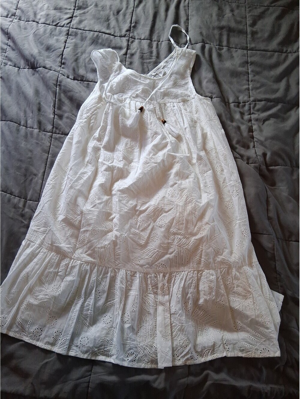 Lucky Brand Boho Dress Size Small Embroidered Eyelet Tassel Tie White Peasant C2